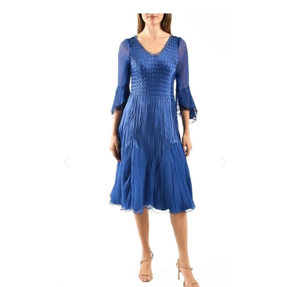 NWT Komarov Bell Sleeve Short Dress Navy Charmeuse and Chiffon 3/4 Sleeve Size S